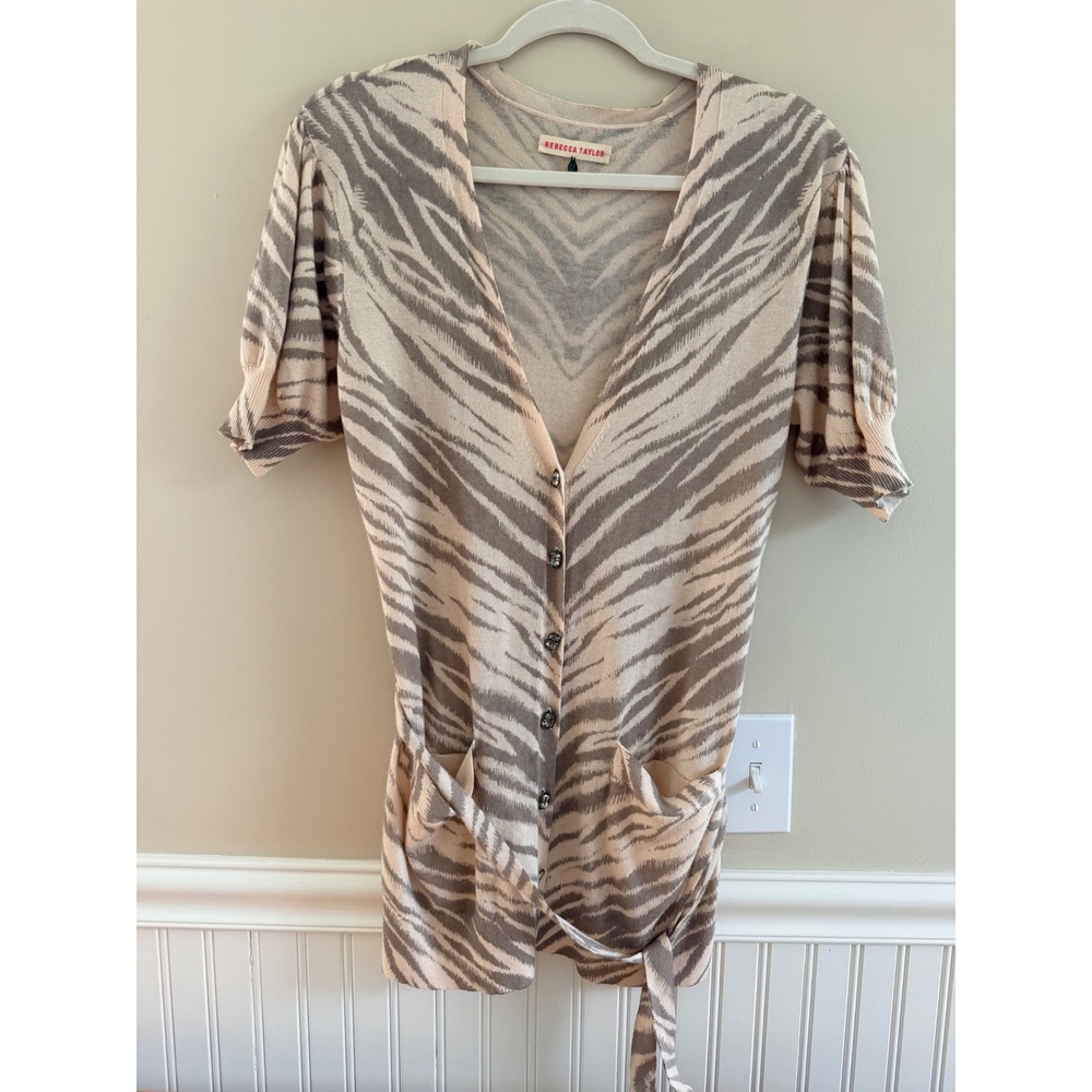 Rebecca Taylor Silk Cashmere Zebra Print Short Sleeve Belted Cardigan Beige M
